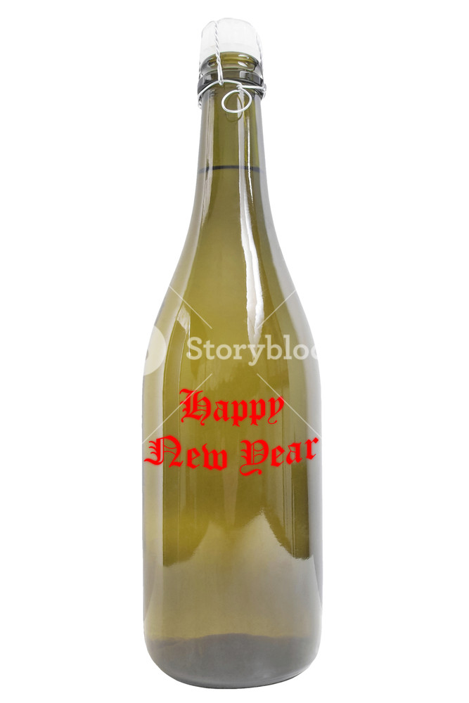 Happy New Year Message On A Bottle Of Wine Isolated Over