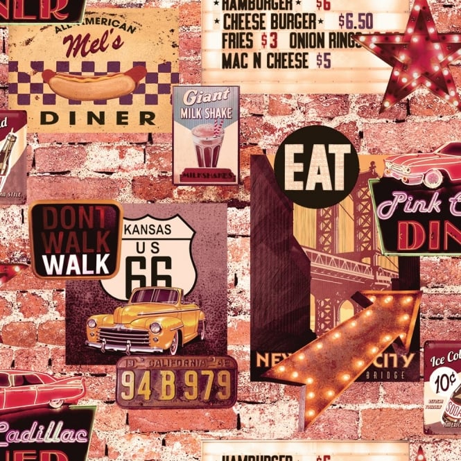American Diner Retro 60s Brick Pattern Restaurant Wallpaper