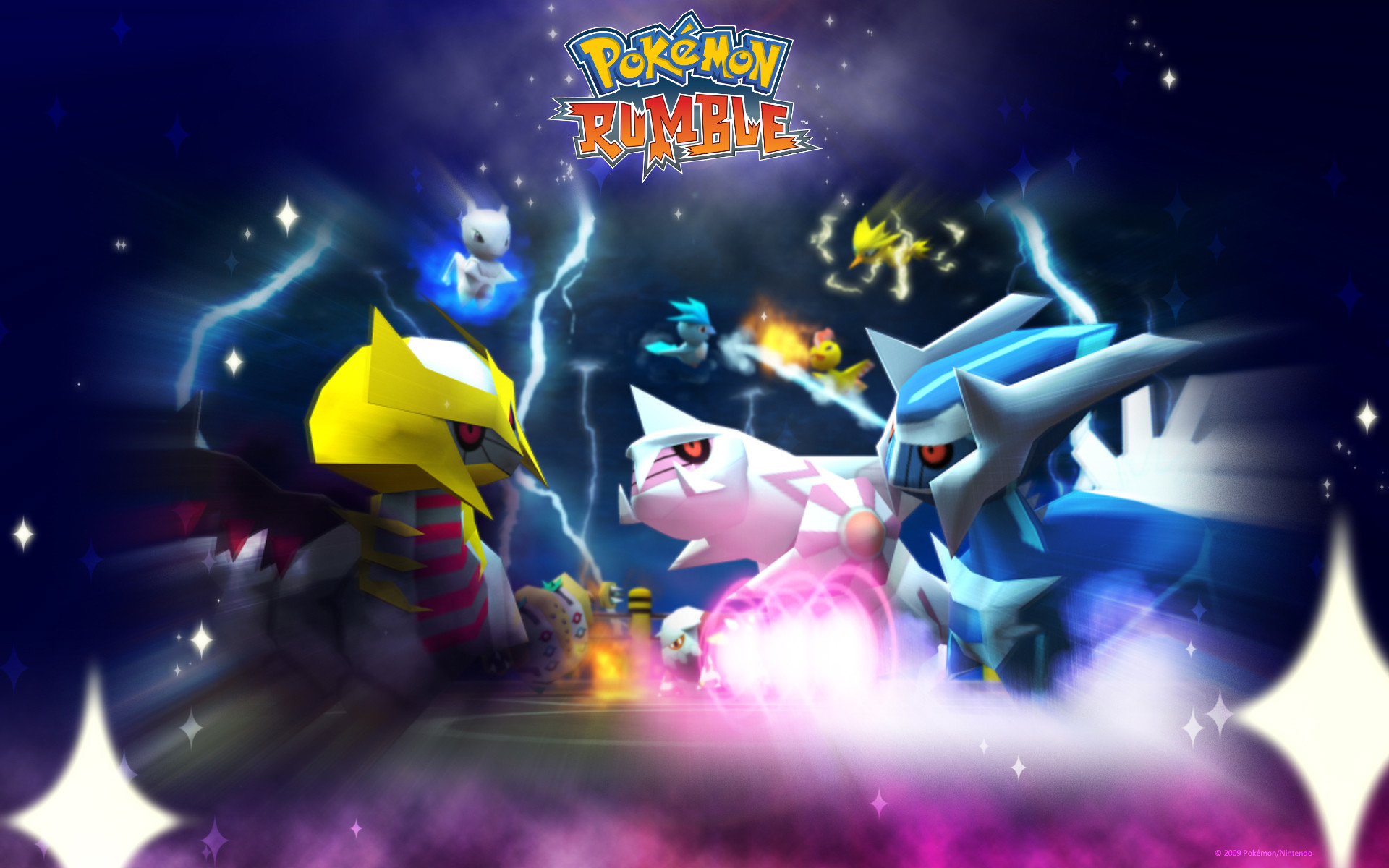Dynamic scene from Pokemon Rumble featuring various Pokemon in battle, set against a vibrant, starry backdrop