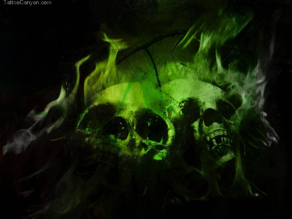 A Green Skull Surrounded By Flames Wallpaper