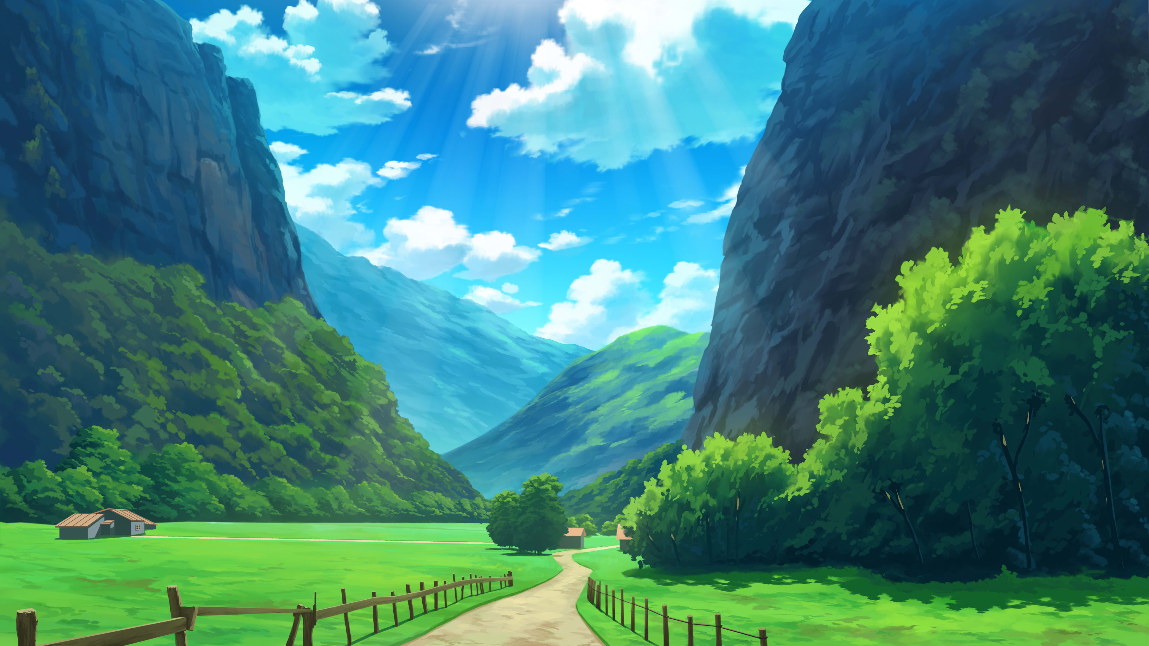 A picturesque anime background featuring a dirt road winding through a lush green valley, nestled between towering cliffs under a vibrant blue sky