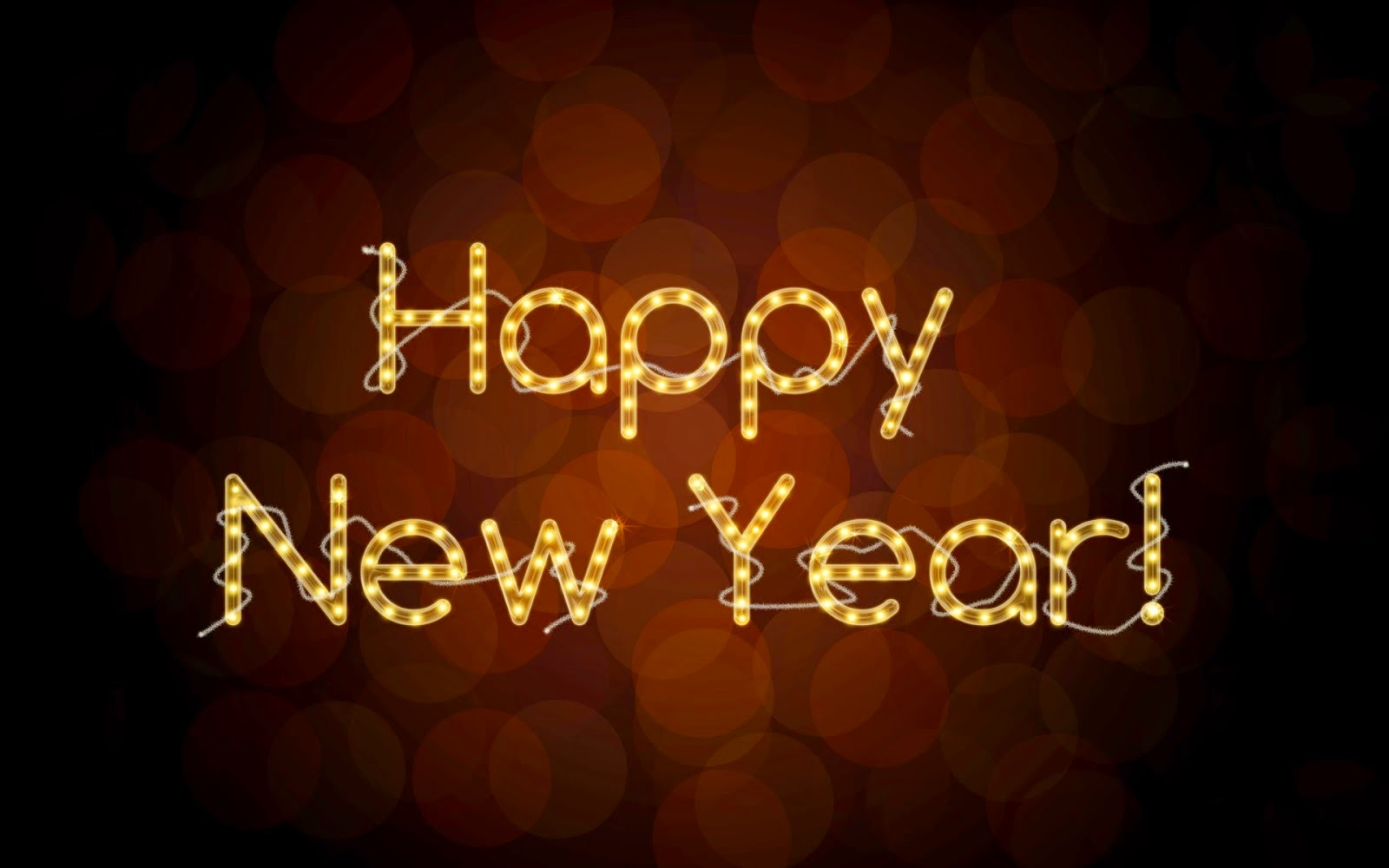 A festive 'Happy New Year' message spelled out in glowing lights against a warm, bokeh background