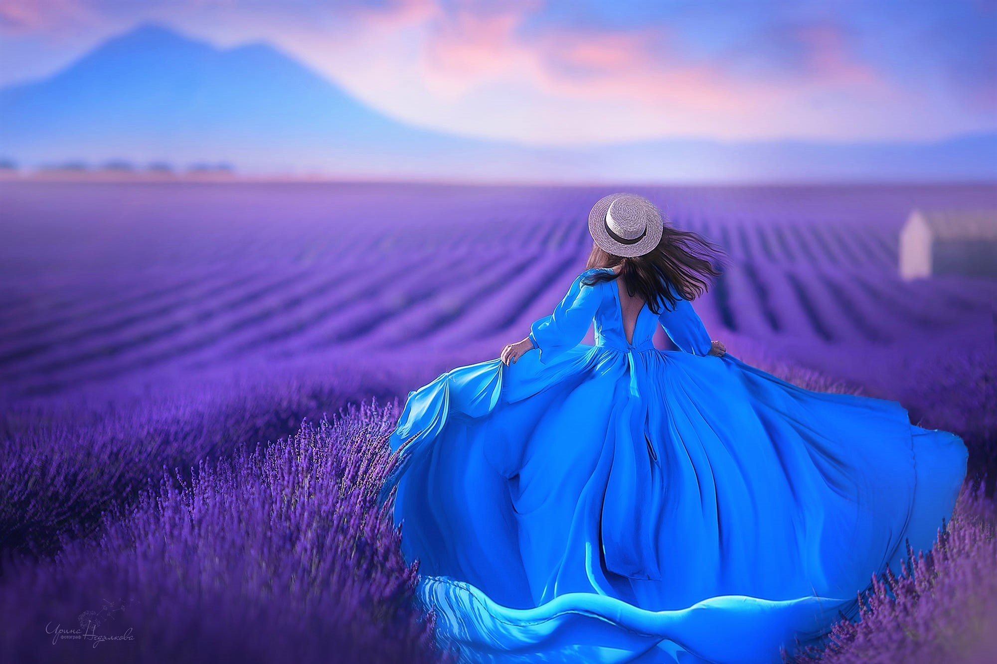 Artistic Girl Woman Straw Hat Blue Dress