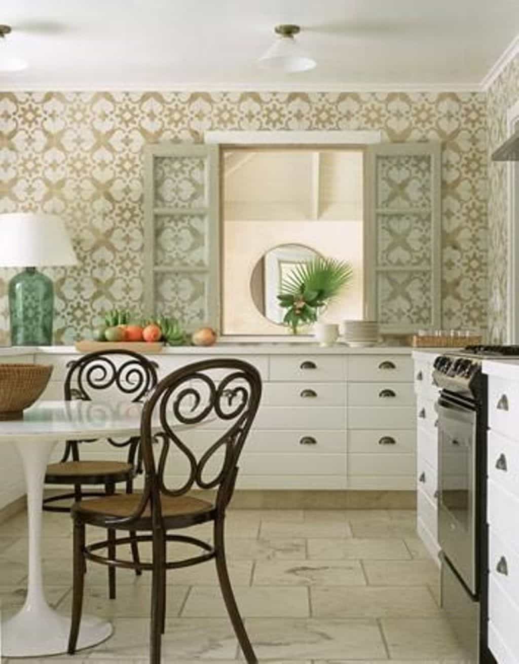 Chic Kitchen Designed With White Cabis And Patterened