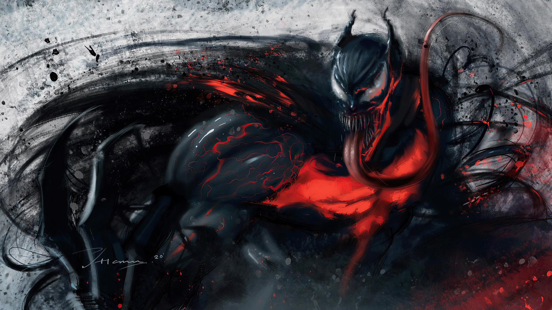 A dynamic, close-up illustration of Venom, showcasing the symbiote's sleek black form with vibrant red accents and a menacing tongue. The backdrop features an abstract blend of dark and light strokes, adding to the character's imposing presence