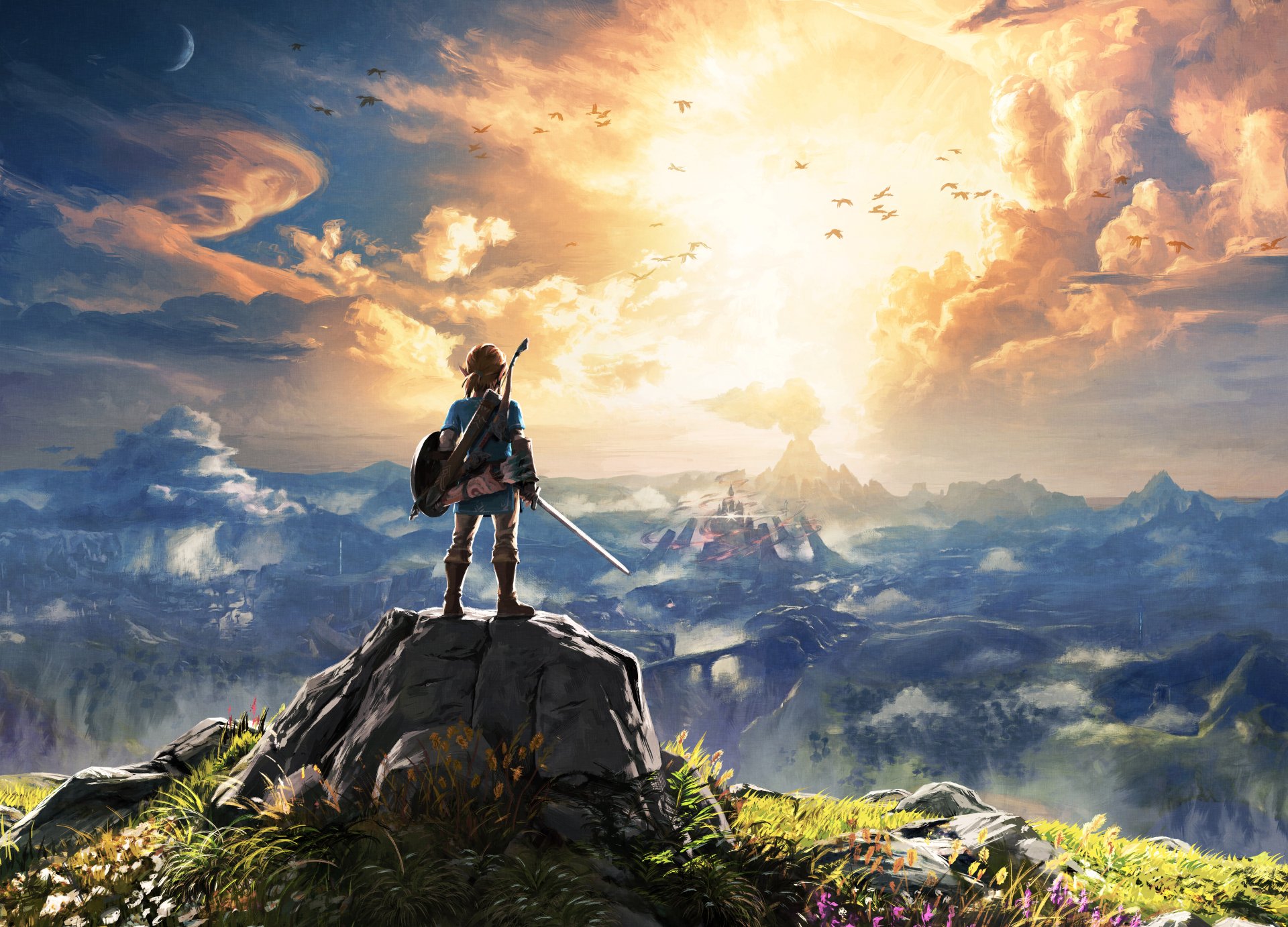 Link stands on a cliff overlooking Hyrule in The Legend of Zelda: Breath of the Wild