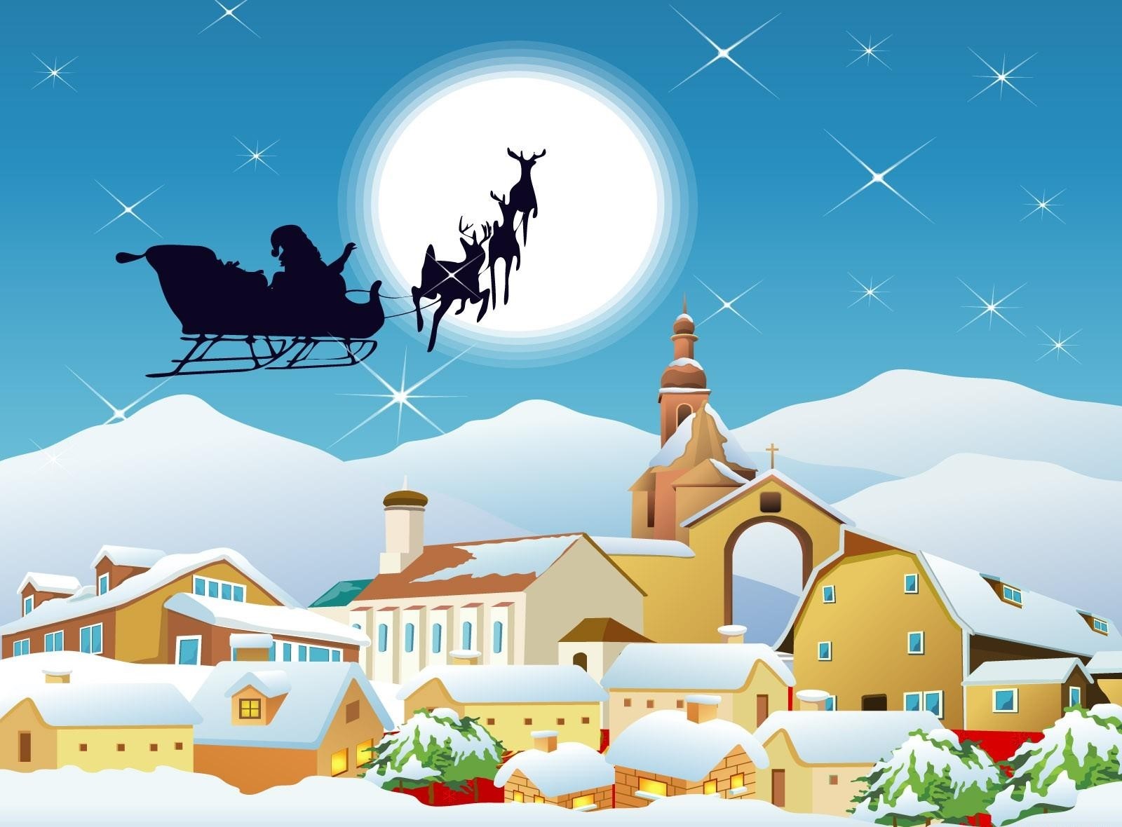 Santa Claus flying his sleigh over a snowy village on Christmas Eve