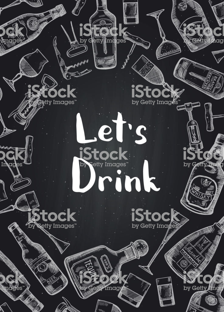 Vector Hand Drawn Alcohol Drink Bottles And Glasses Background On