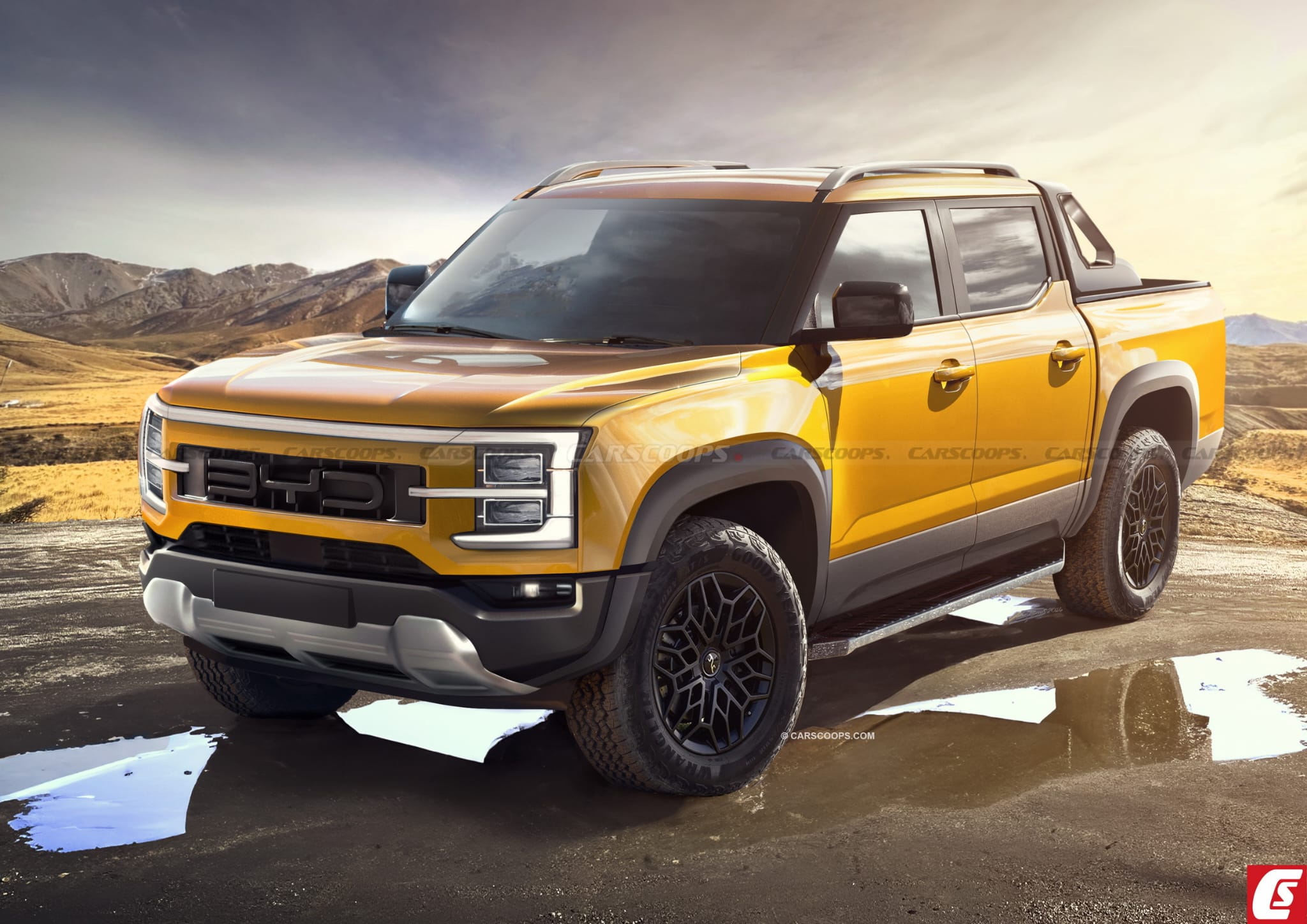 A rendering of the BYD Shark pickup truck, showcasing its bold gold color and rugged design
