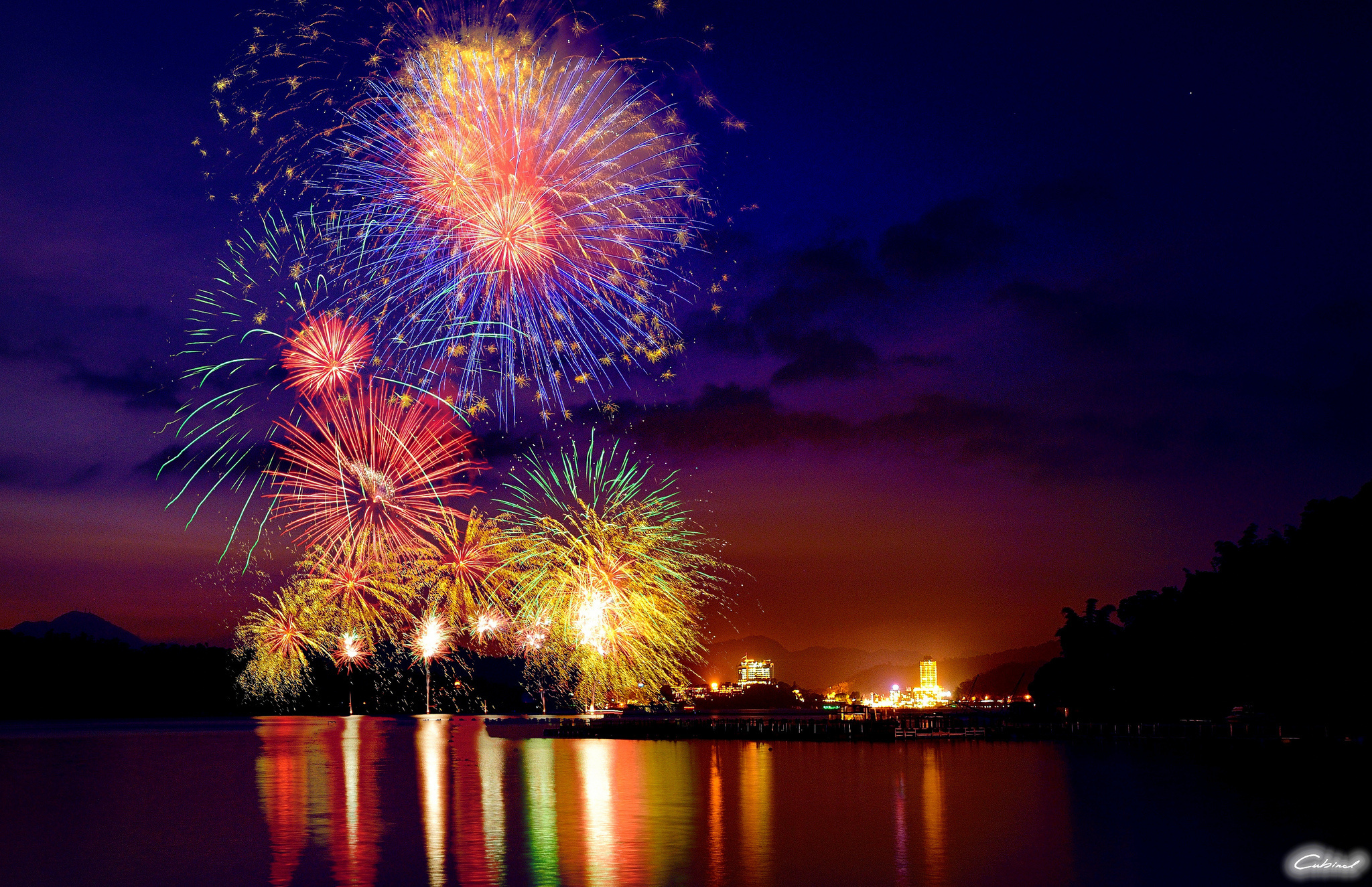 Fireworks city lights night lake wallpaper 2048x1325