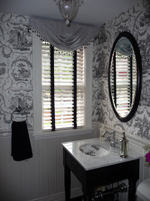 Powder Room With Black And White Toile Wallpaper Traditional Bathroom