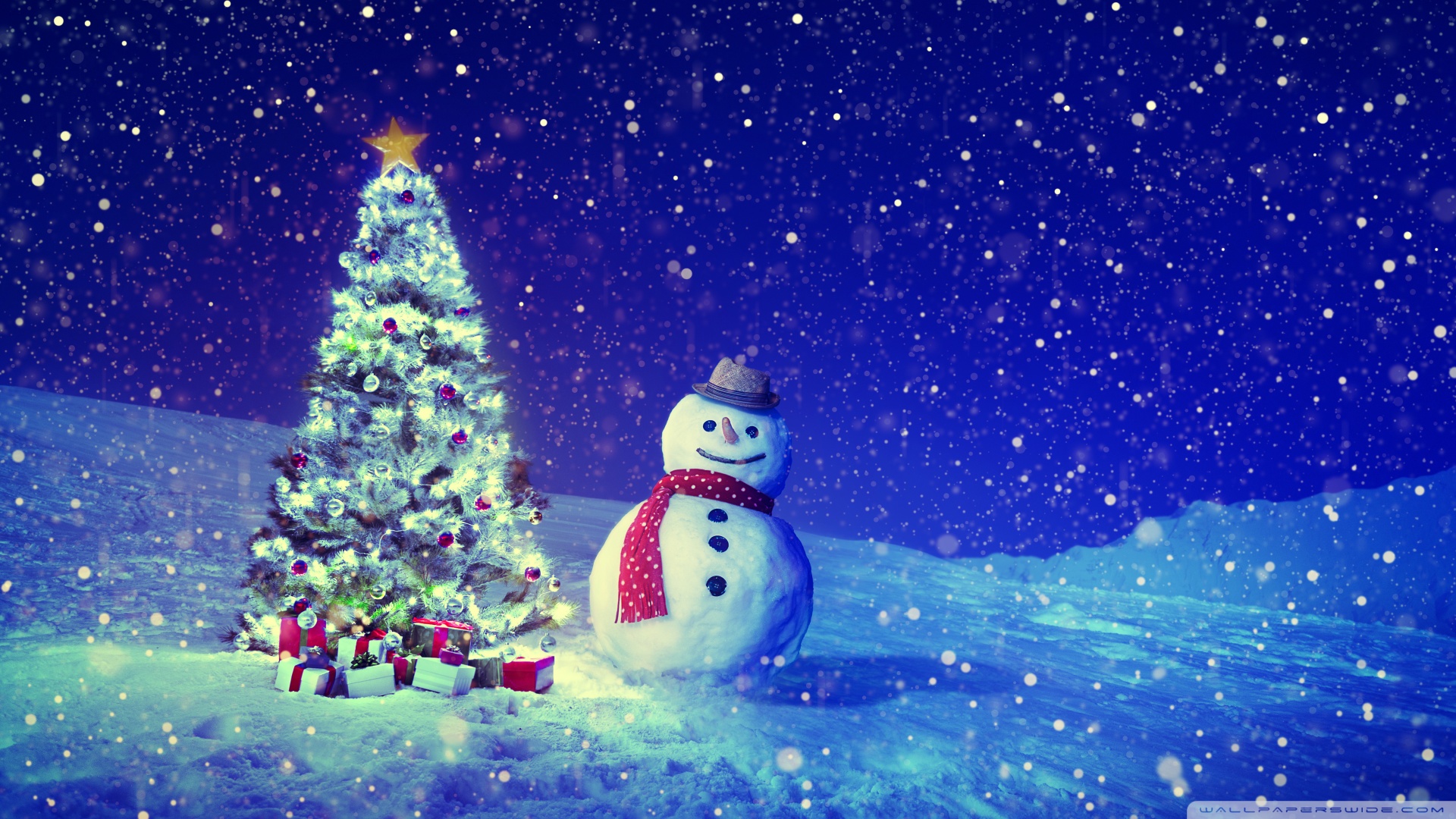 Christmas Tree Snowman Winter Landscape 4k HD Desktop