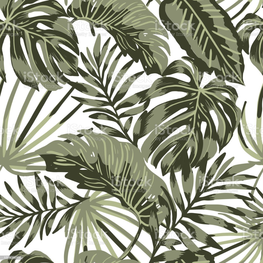 Green Tropical Leaves Pattern On White Background Jungle Wallpaper