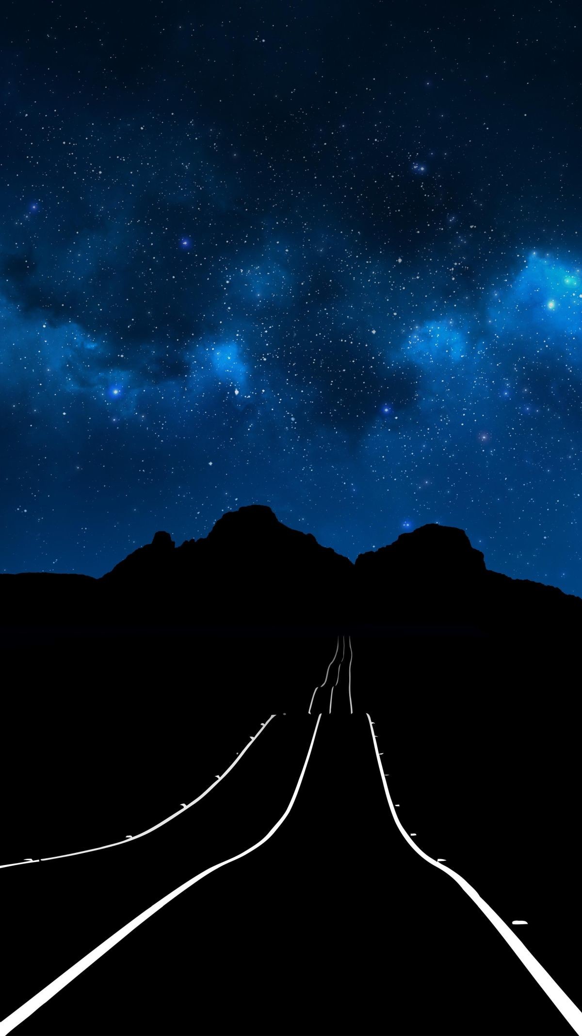 A mesmerizing 4k wallpaper for iPhone featuring a dark, starry night sky with a road leading towards silhouetted mountains