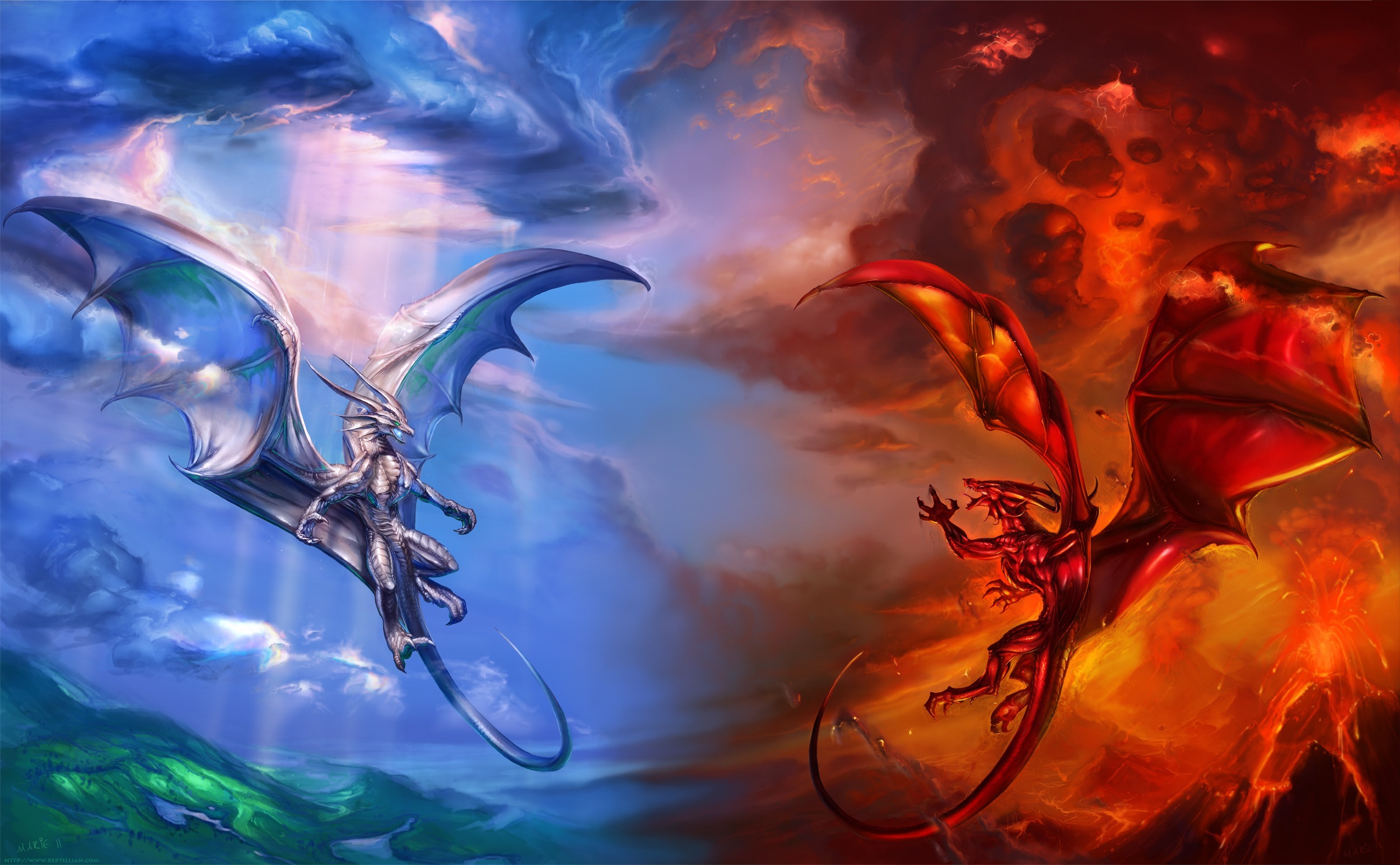 Dragons Blue Red Air Fire Volcano Clouds Lava Wallpaper