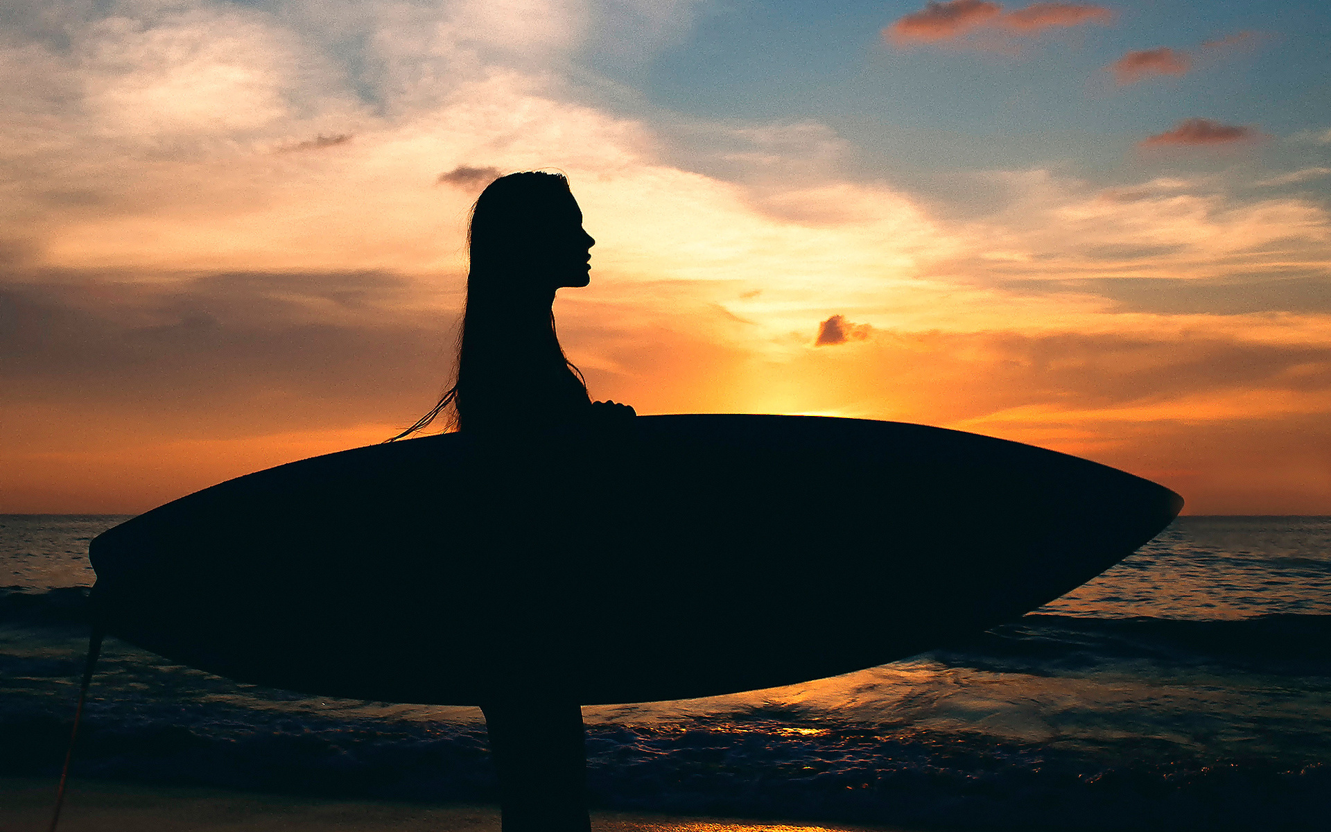 Girl Surfing In Sea Sunset Wallpaper HD