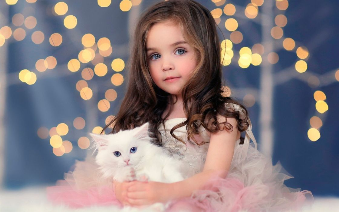 Children girl blonde blue eyes cat animal cute dress angel