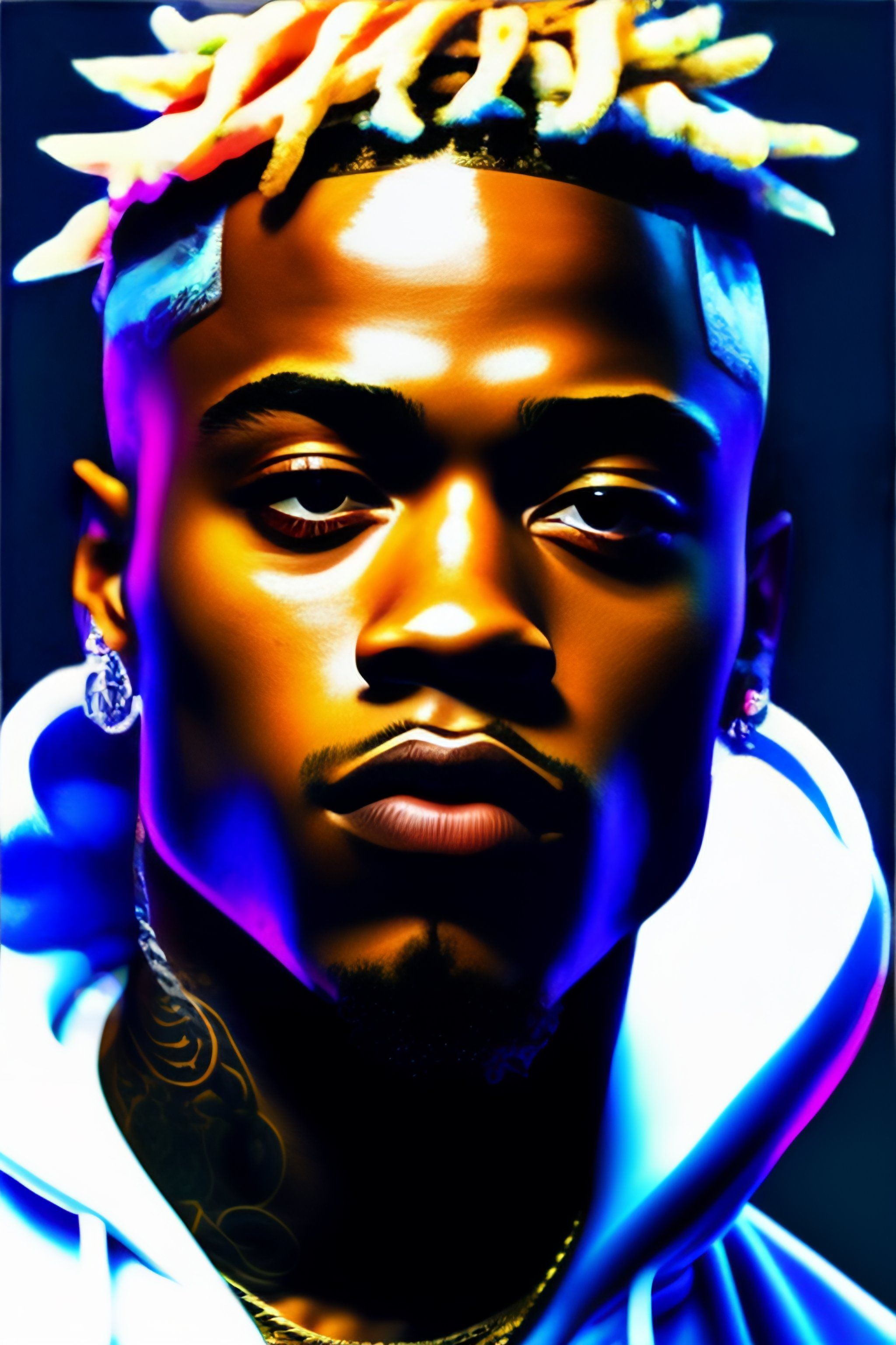 A vibrant, close-up portrait of XXXTentacion, illuminated by neon lights, highlighting his facial features and unique hairstyle