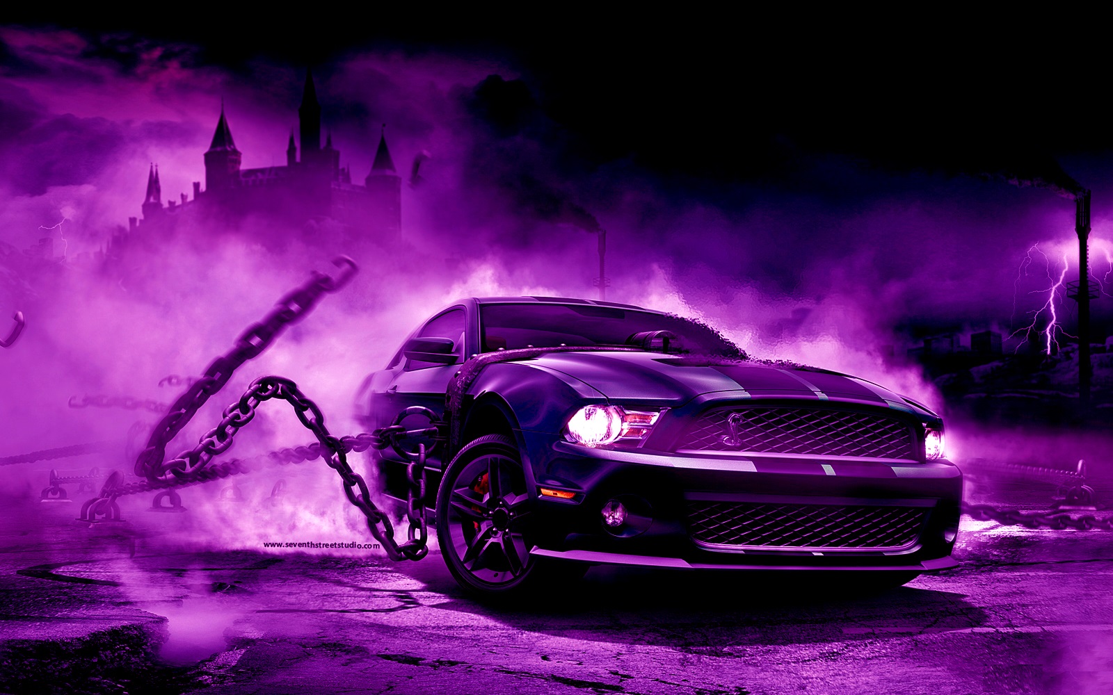 A purple Ford Mustang sports car speeding through a dark, mysterious landscape with chains, fog, and lightning in the background. Perfect for a cool desktop wallpaper
