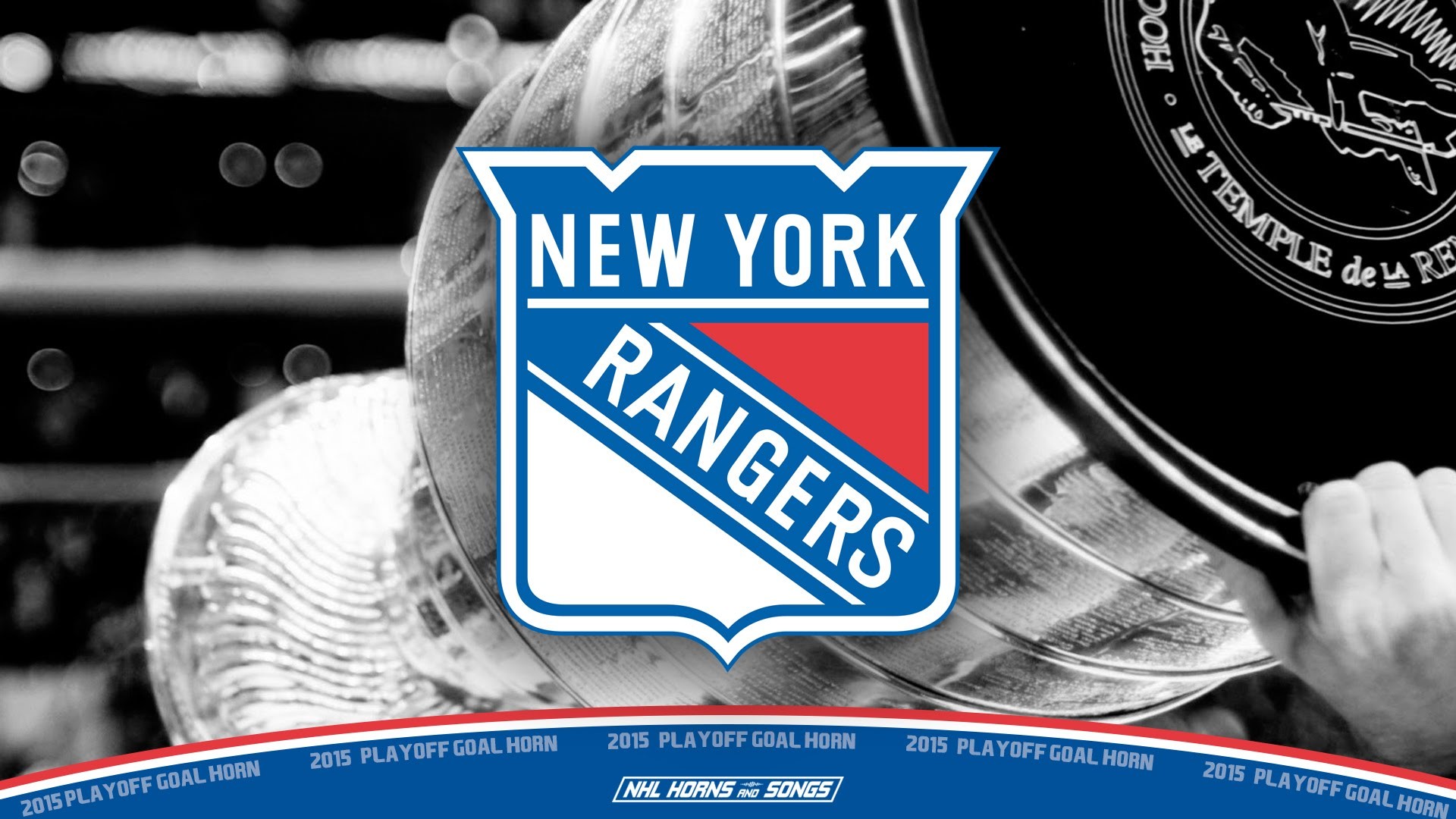 New York Rangers logo overlaid on a black and white image of the Stanley Cup, promoting 2015 playoff goal horn sounds