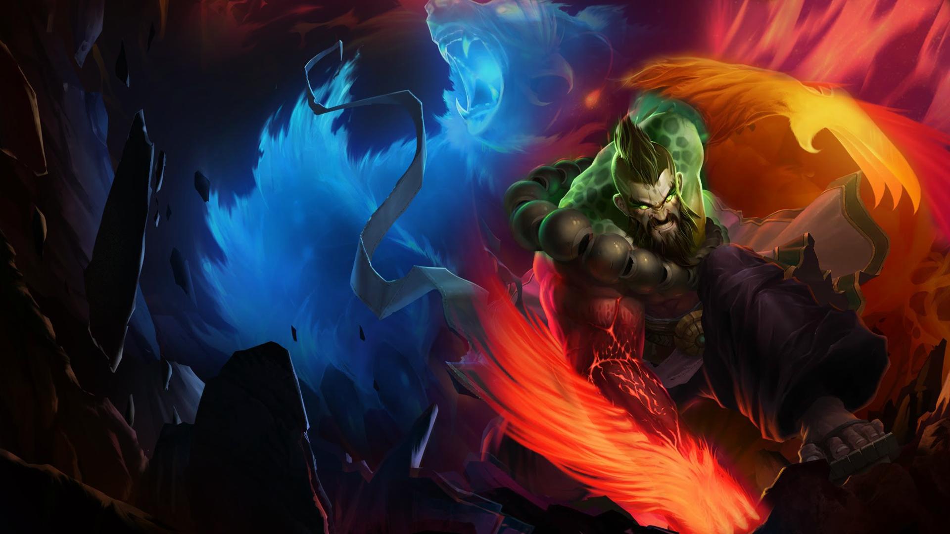 League of Legends Champion Udyr in his Spirit Guard Skin, harnessing the power of fire and water elementals