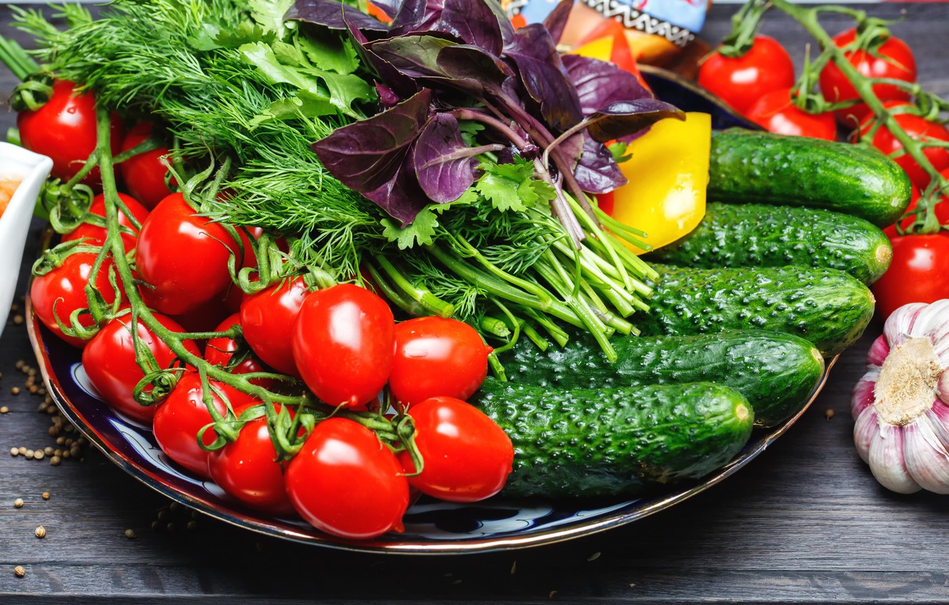 Wallpaper Dill Vegetables Tomatoes Cucumbers Basil Image For