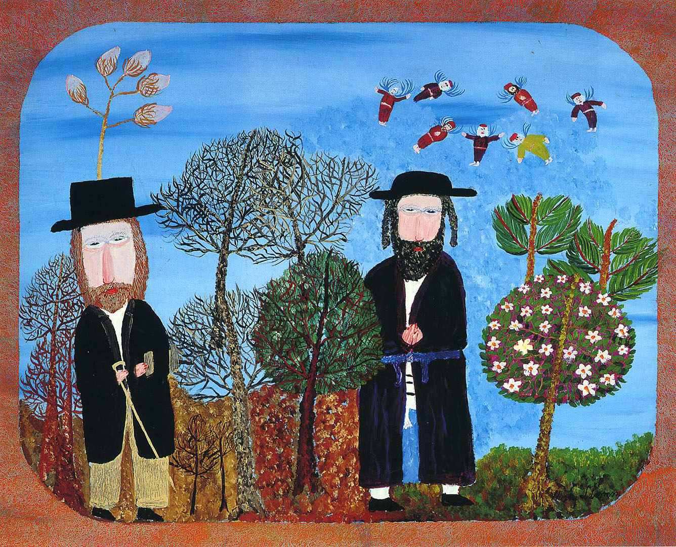 Two Hassidic Jews In The Garden With Fairies American Folk Art