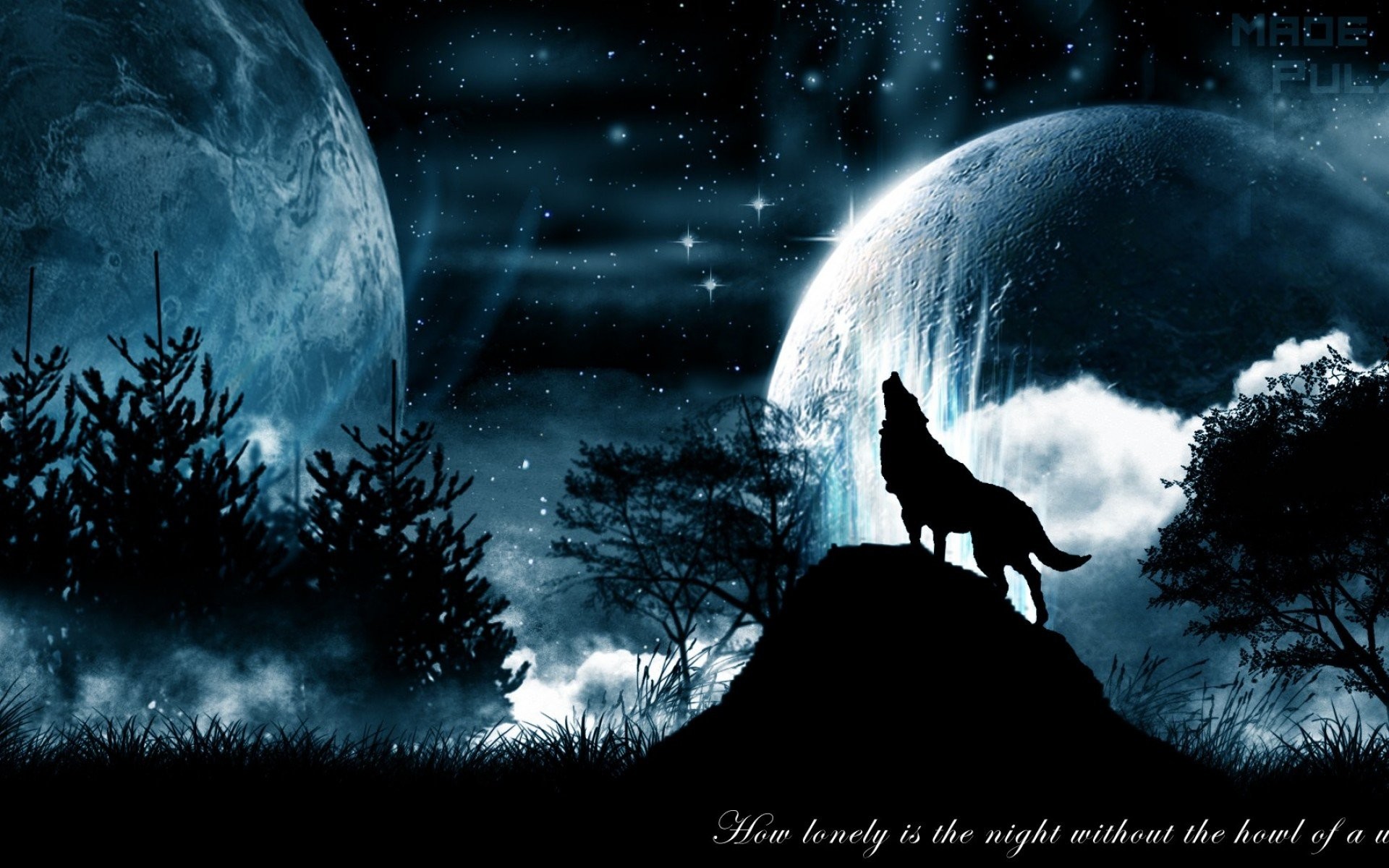 A lone wolf howling at the moon in a mystical forest, with two large moons in the background. Perfect for wolf wallpaper enthusiasts