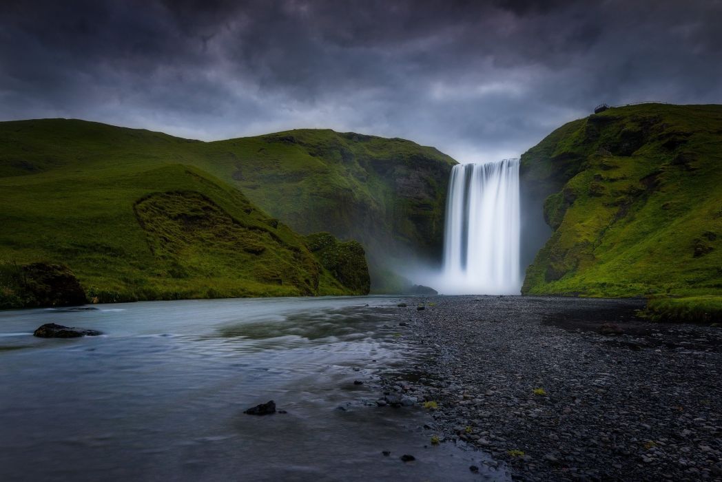 Iceland Waterfall Skogafoss Mountain River Wallpaper