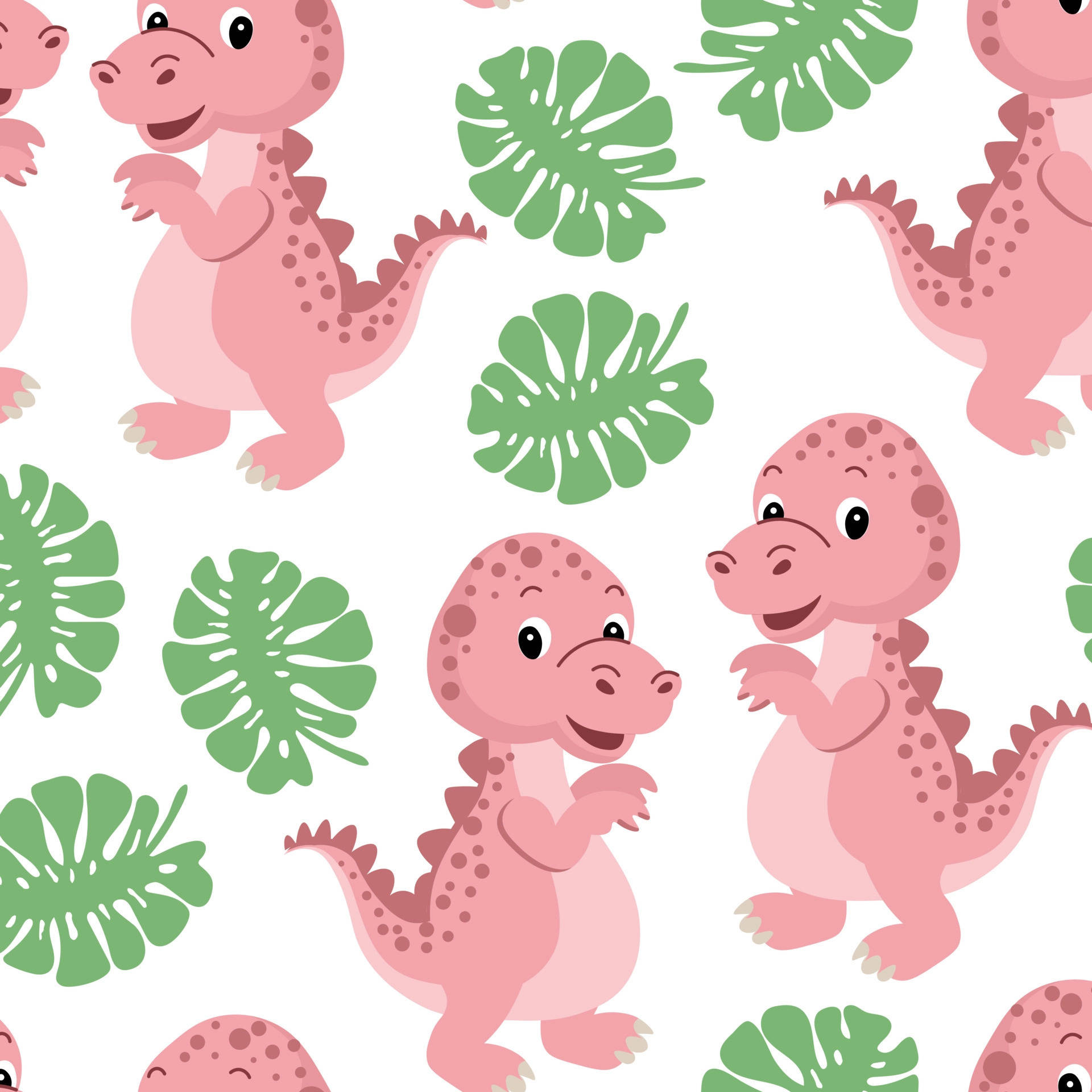 Seamless pattern with cute pink dinosaurs and tropical leaves. Ideal for children's wallpaper, fabric, or other products