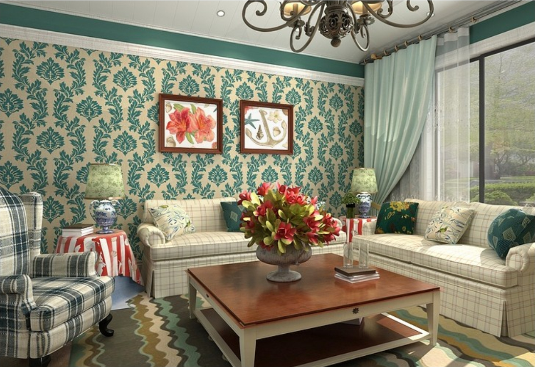 Living Room Interior With Blue Retro Mediterranean Style Wallpaper