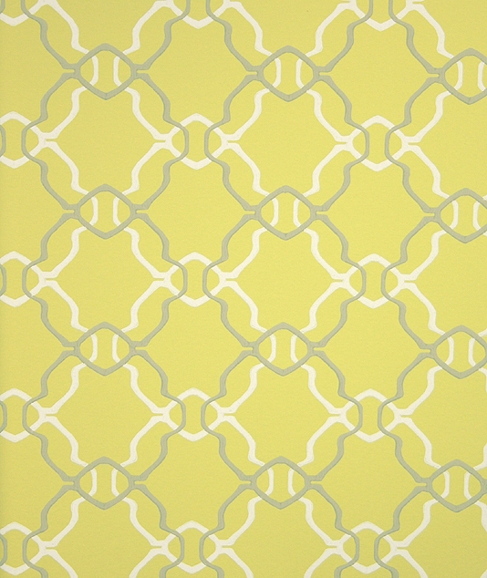Acid Yellow Wallpaper With Geometric Design In Cream And Grey