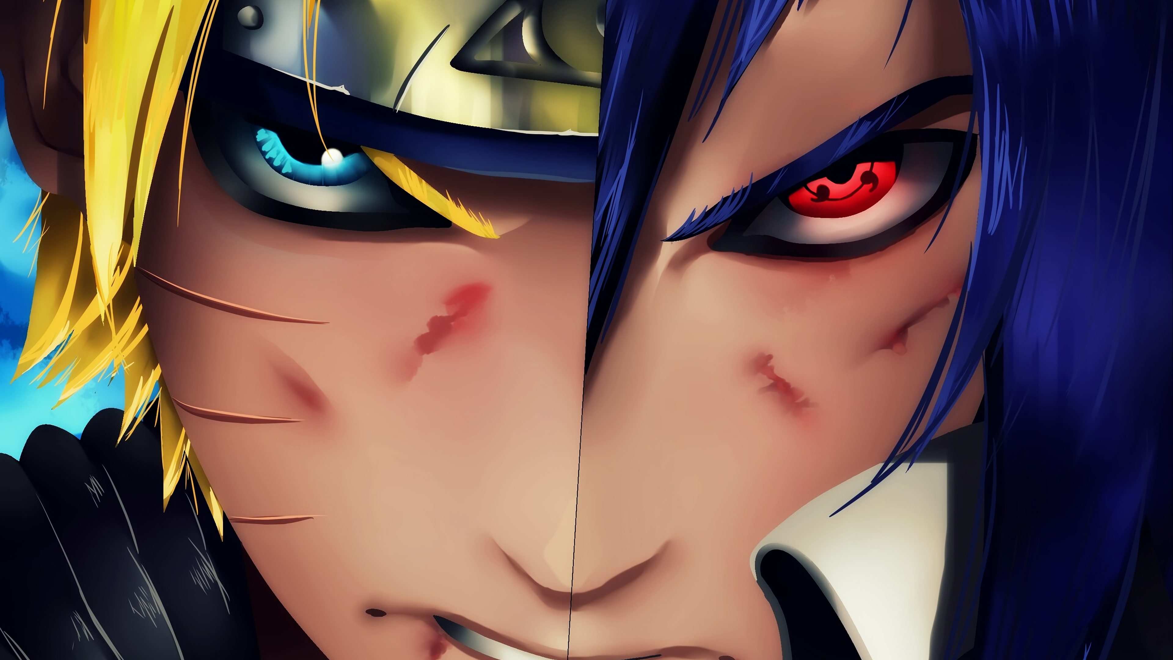 Close-up of Naruto and Sasuke's faces, highlighting their intense rivalry and battle scars, from Naruto Shippuden in 4k resolution