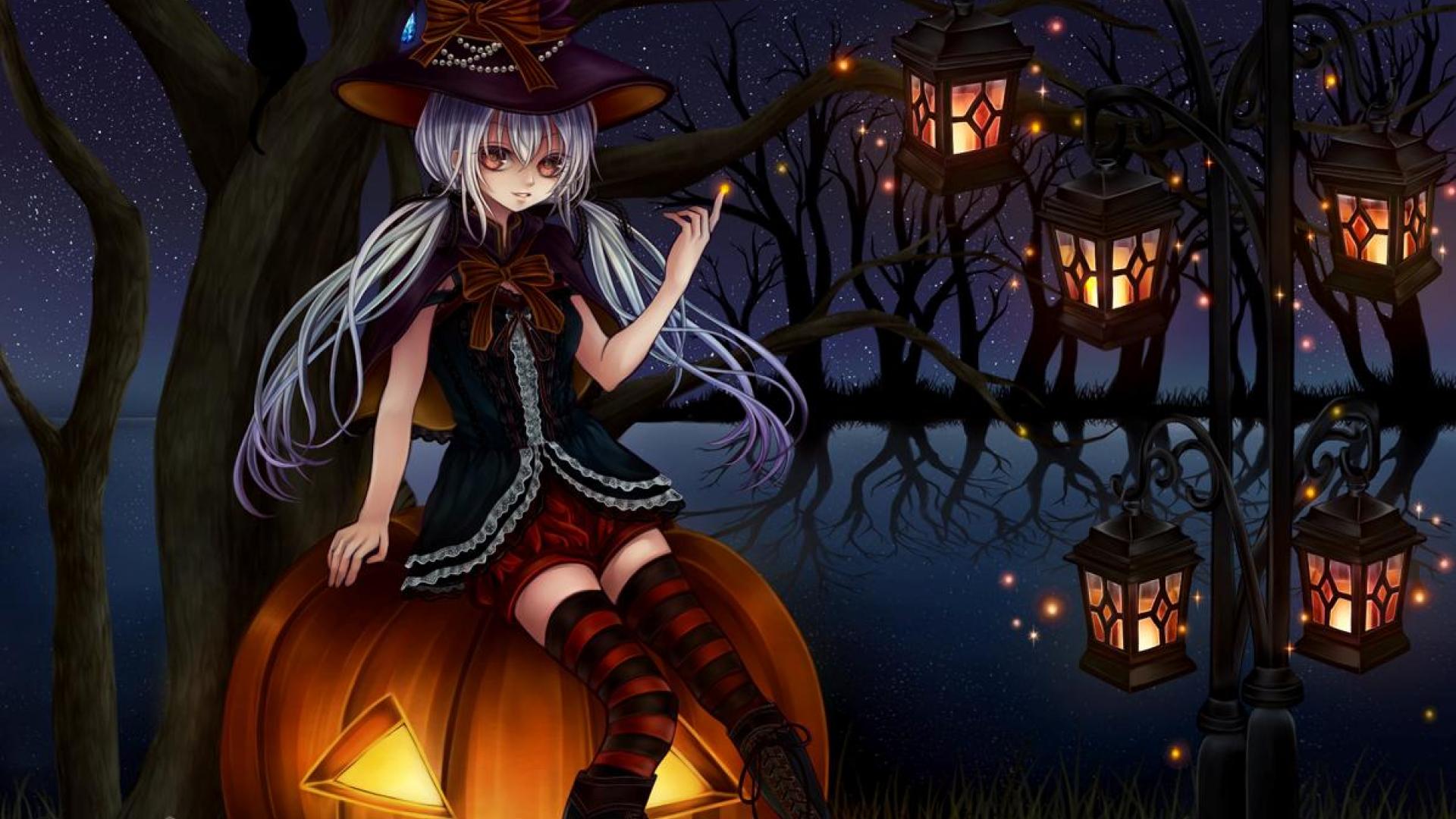Cute Halloween Anime Witch, Ghost & Pumpkin