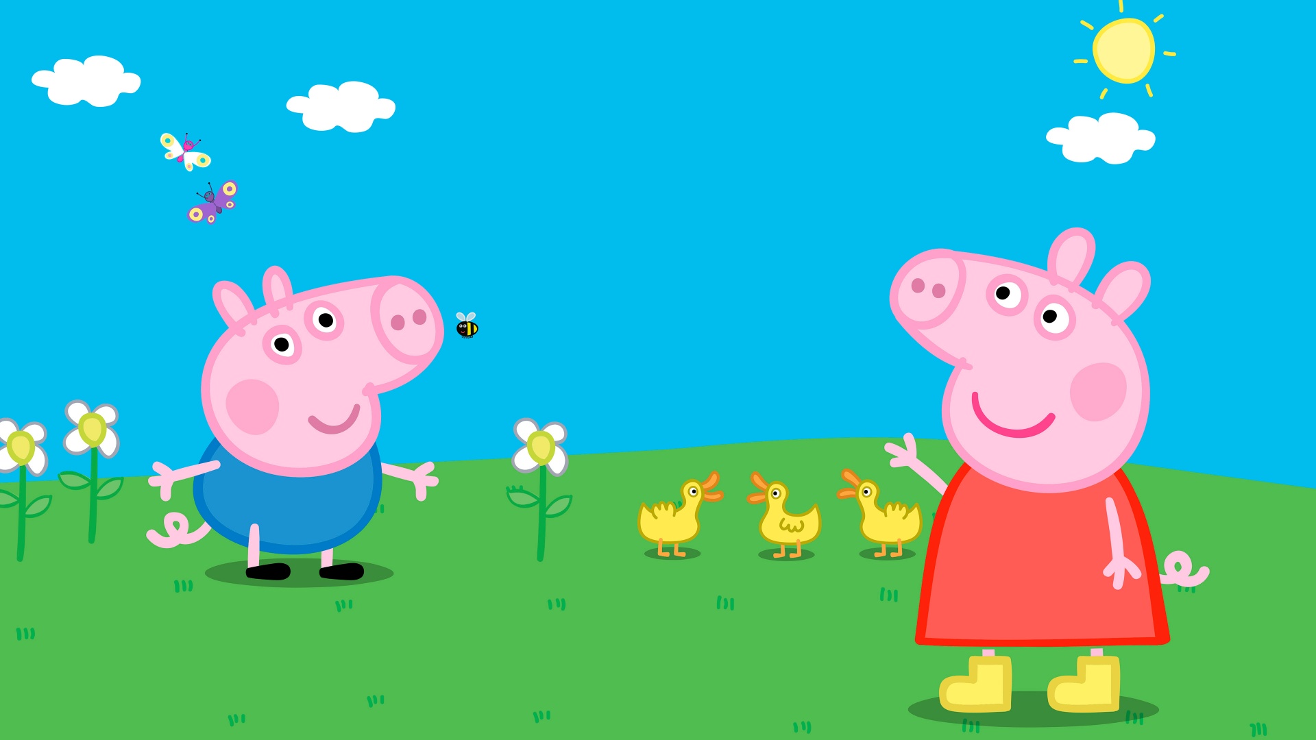 Peppa Pig and George Pig play outside near the ducklings in a Peppa Pig House 4k Wallpaper