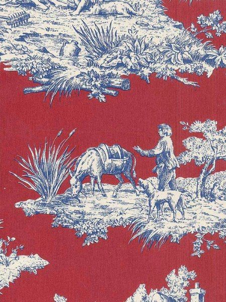 Blue And White On Red Victorian Toile Wallpaper T742497