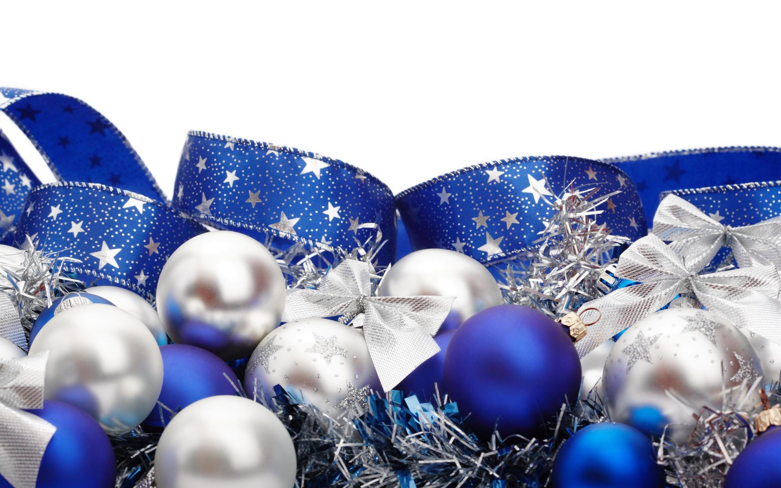 Blue White Ribbons Christmas Ornaments Background