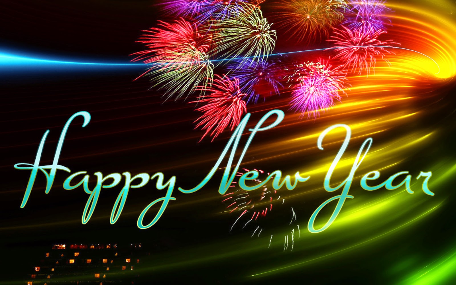 Fireworks exploding in the night sky with the text 