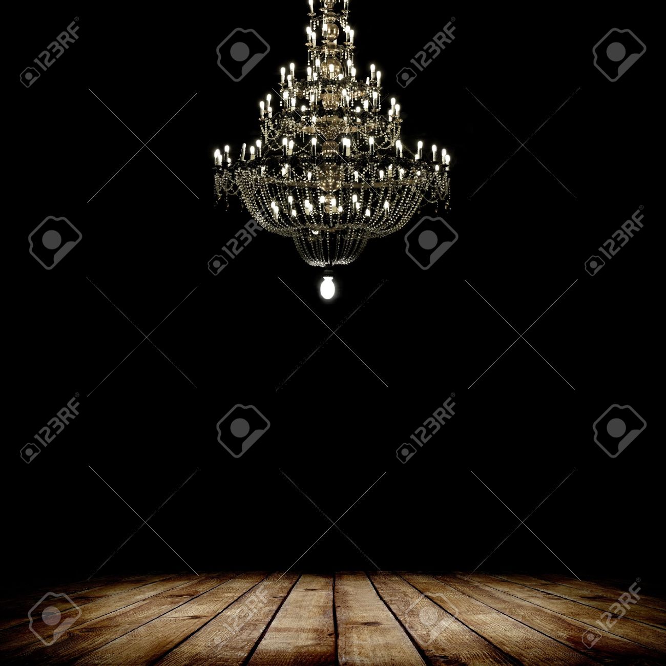 Image Of Grunge Dark Room Interior With Wood Floor And Chandelier