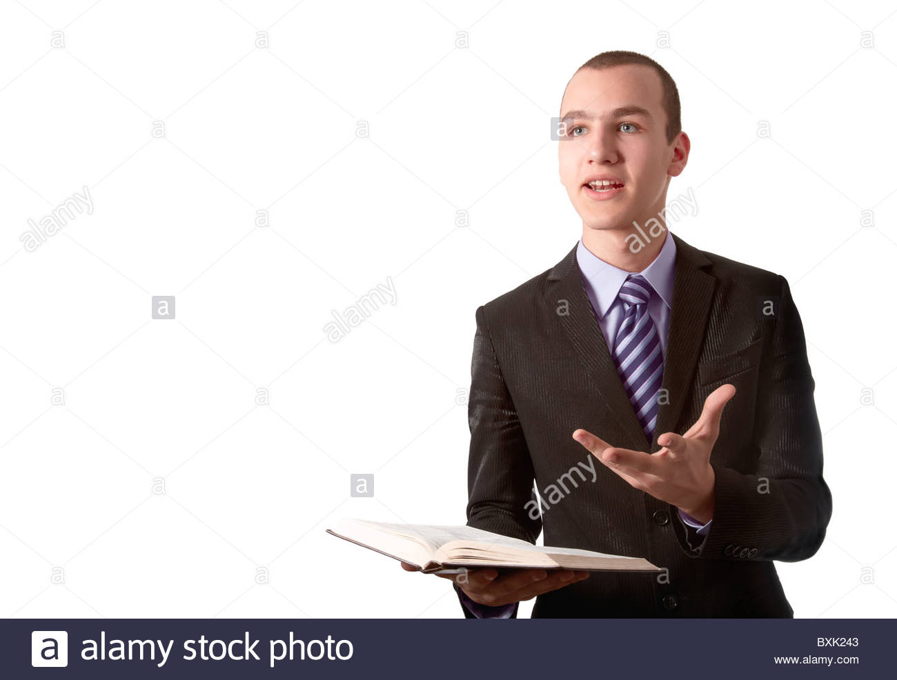 Young Man Preach The Gospel In Front Of A White Background Stock