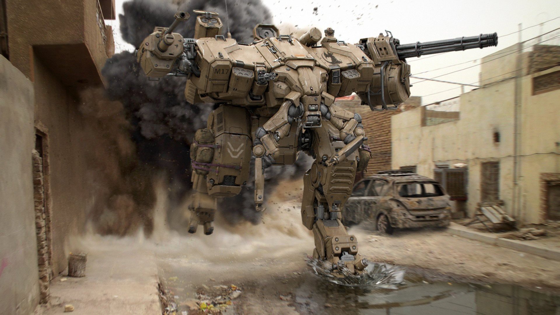 Future War Robots Street Smoke Pools Ruins HD Wallpaper