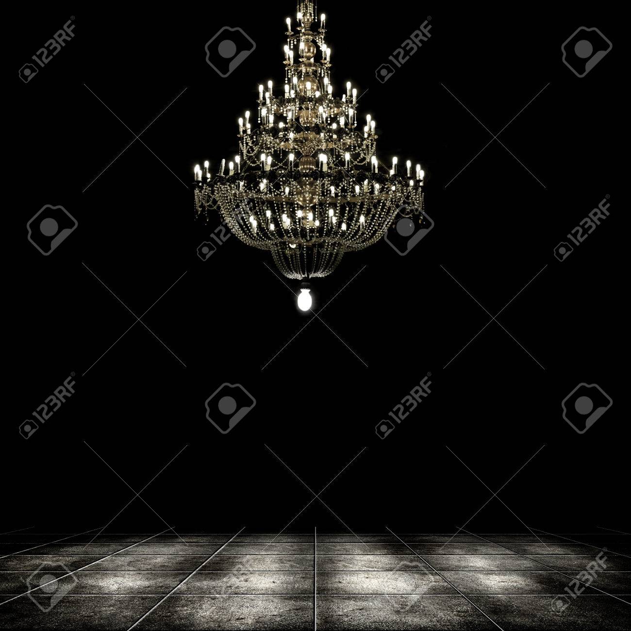Image Of Grunge Dark Room Interior With Chandelier Background