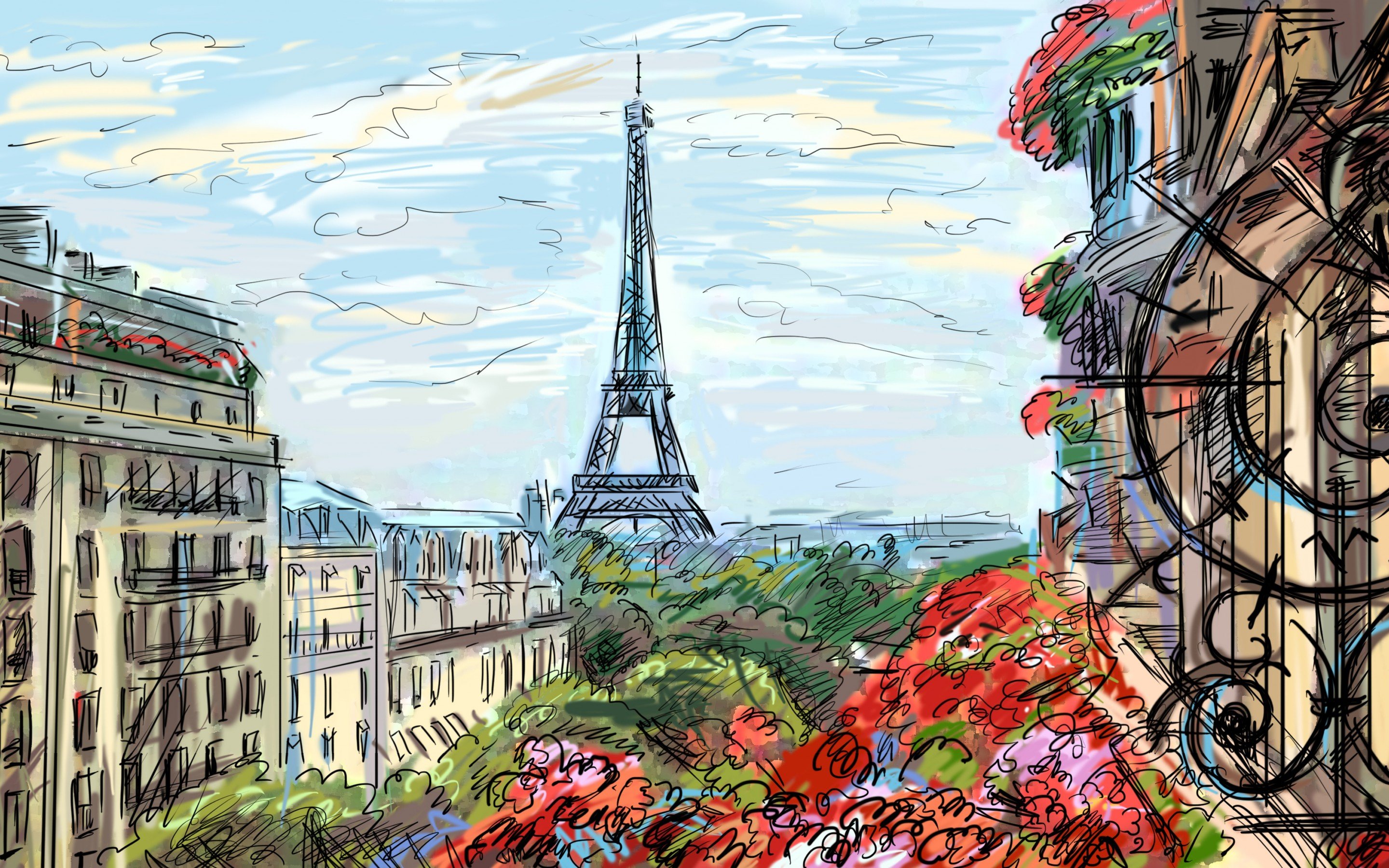 Paris Sky Clouds Houses France French Artwork Art Painting Wallpaper