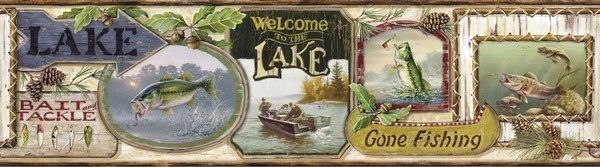 Lodge Lake Fishing Signs Wallpaper Border Bait Bass Trout Tackle
