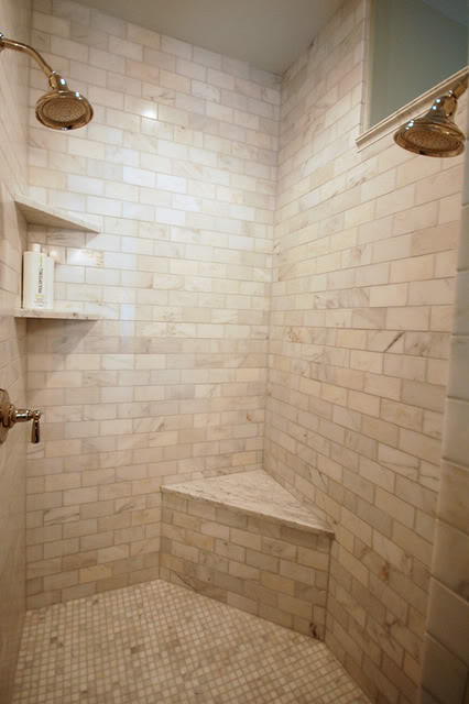 Calcutta Gold Marble Subway Tile Transitional Bathroom Benjamin