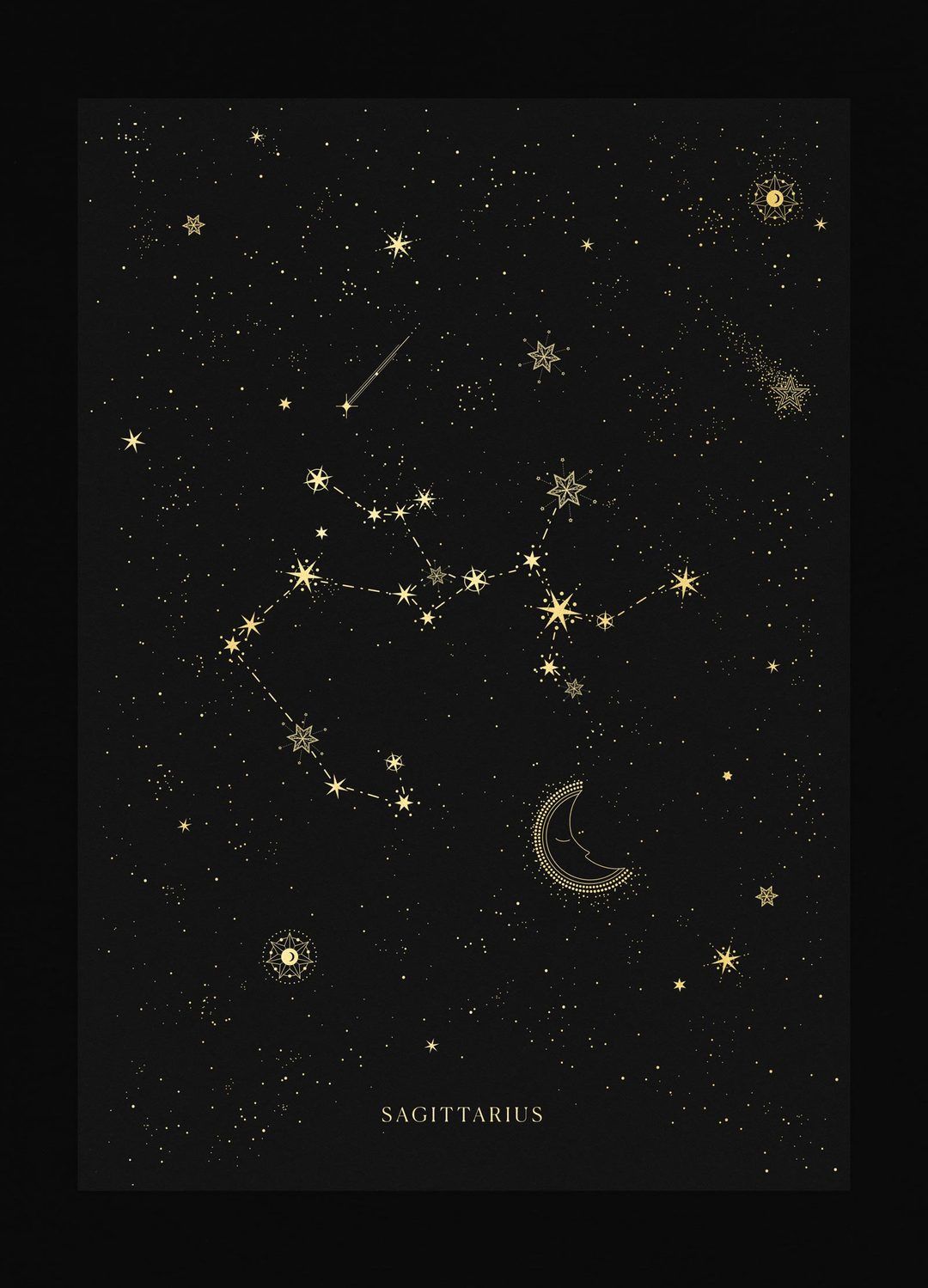 Sagittarius Zodiac Constellation Gold Metallic Foil Print On Black