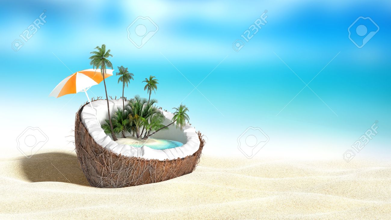 Chopped Coconut On Sea Beach Background 3d Rendering Stock Photo