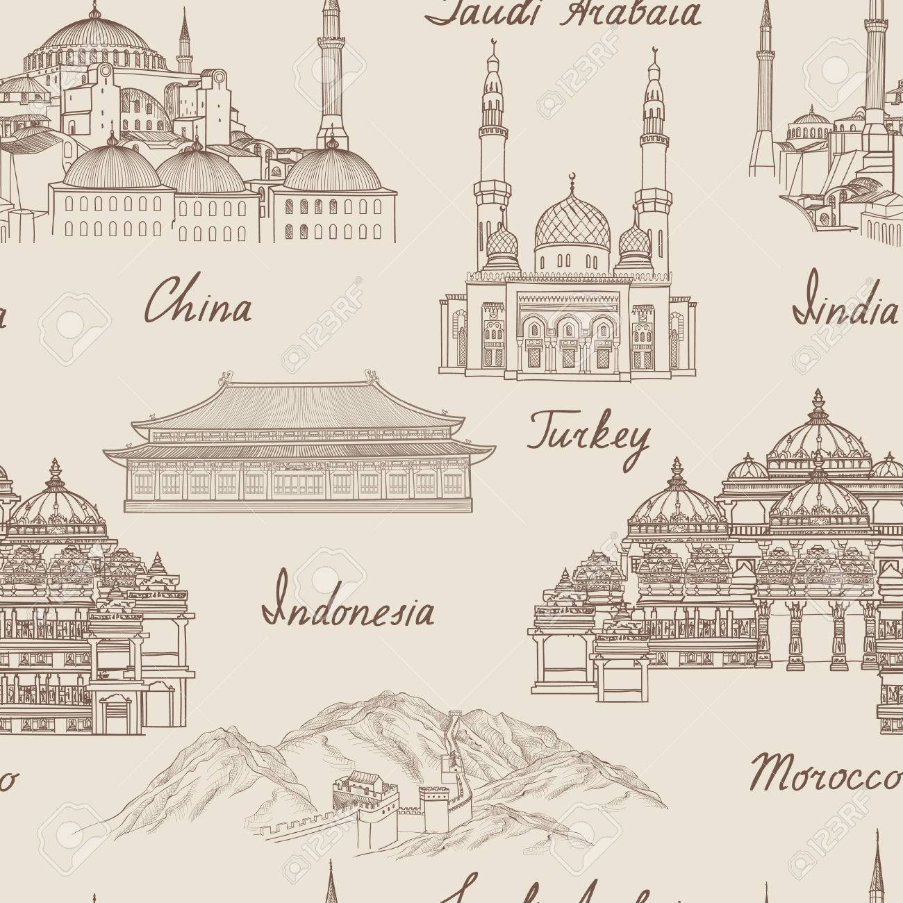 Travel Asia Background World Famous Landmark Seamless Pattern