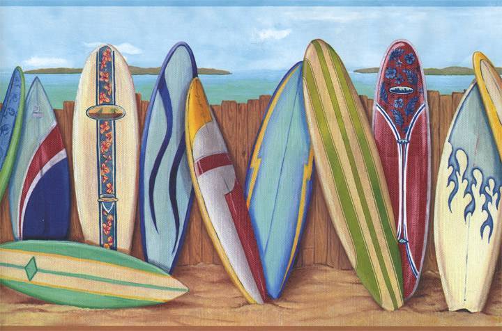 Wallpaper Border Multi Color Bright Surfboard Fun Beach