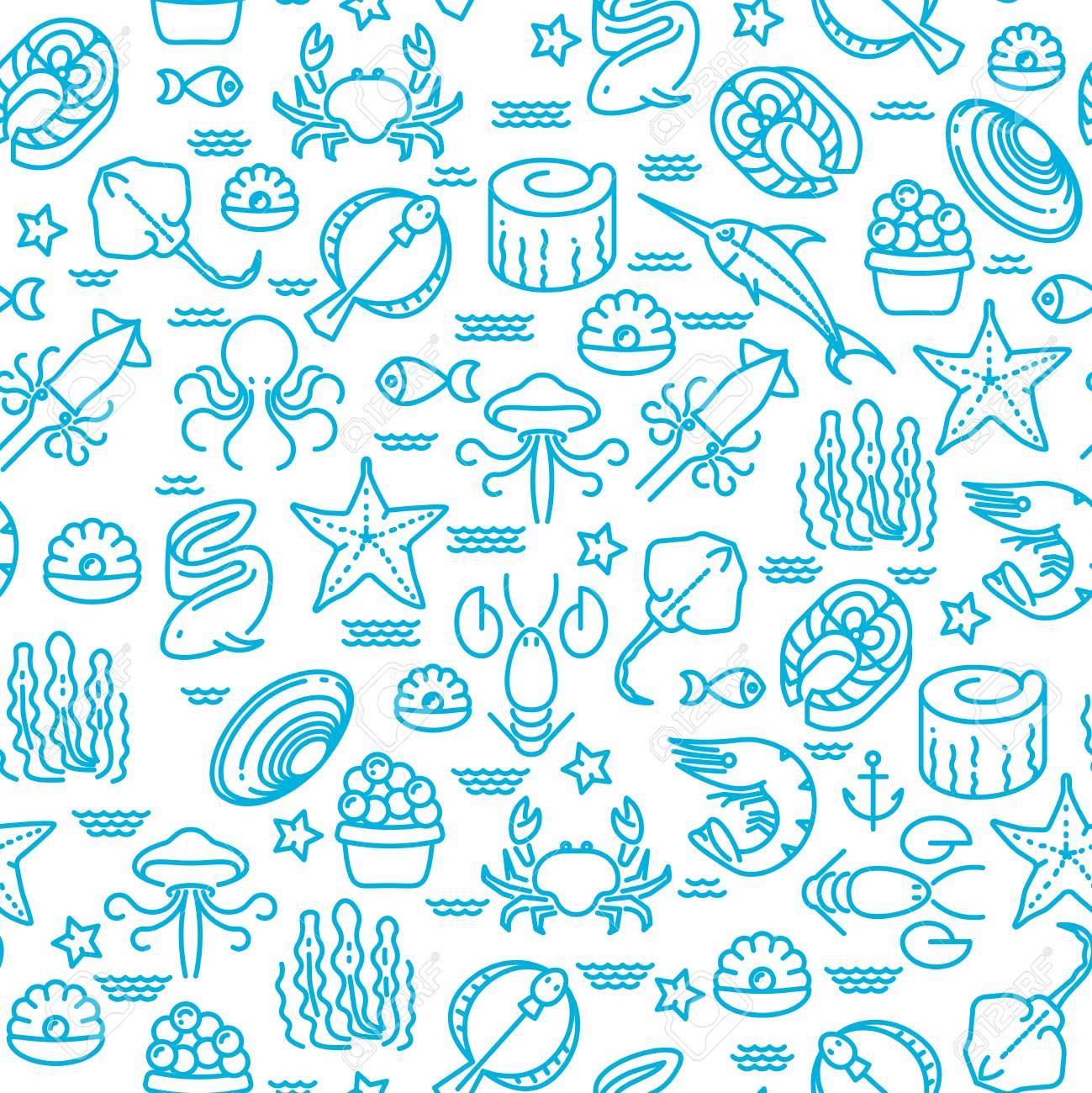 Outline Seafood Sushi Seamless Vector Pattern Marine Background